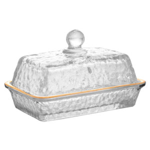Manteigueira de Cristal Ecológico Martelado com Tampa e Fio de Ouro Petra 17cm x 10,5cm x 10cm Lyor