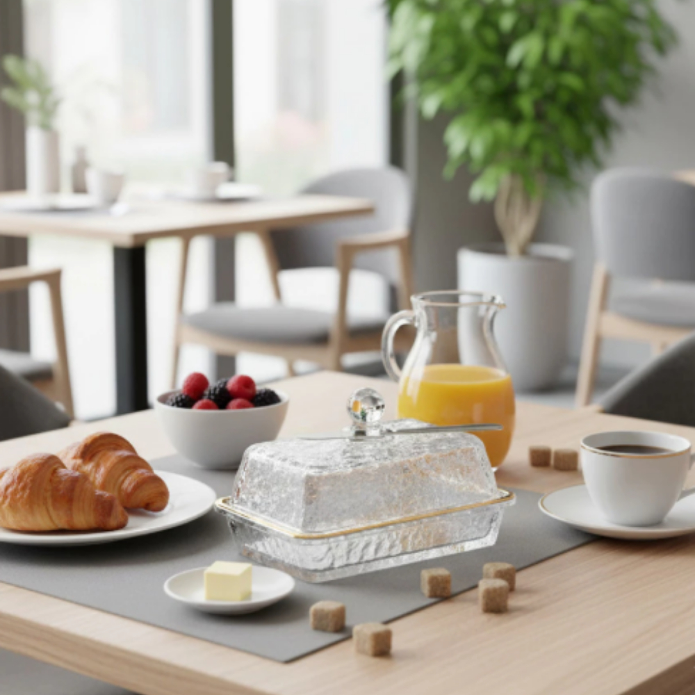 Manteigueira de Cristal Ecológico Martelado com Tampa e Fio de Ouro Petra 17cm x 10,5cm x 10cm Lyor - Imagem 3