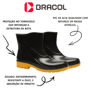 Bota Galocha de PVC Impermeável Antiderrapante Cano Curto Bracol para Motoboy, Pesca, Construção e Limpeza Profissional