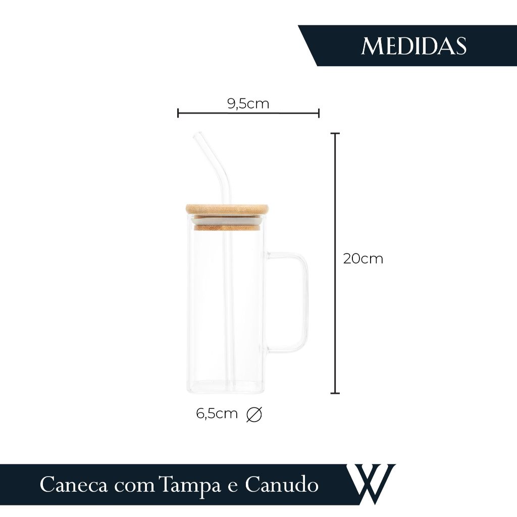 Caneca Corpo e Canudo de Vidro Borossilicato com Tampa de Bambu e Vedação 400ml - Wolff - Imagem 4