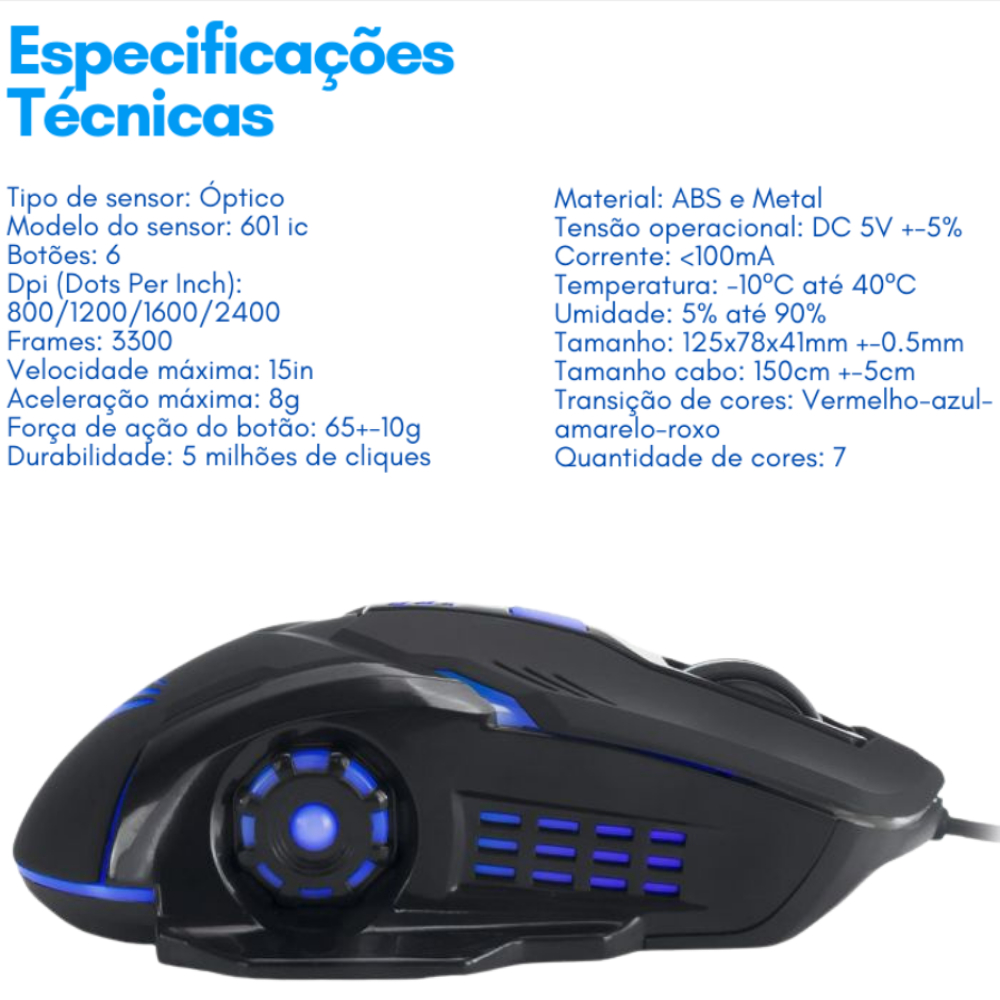Mouse Gamer Evus Darkmaster MO-08 LED USB 2400 DPI 06 Botões de Alta Precisão Ergonômico Ambidestro - Imagem 5