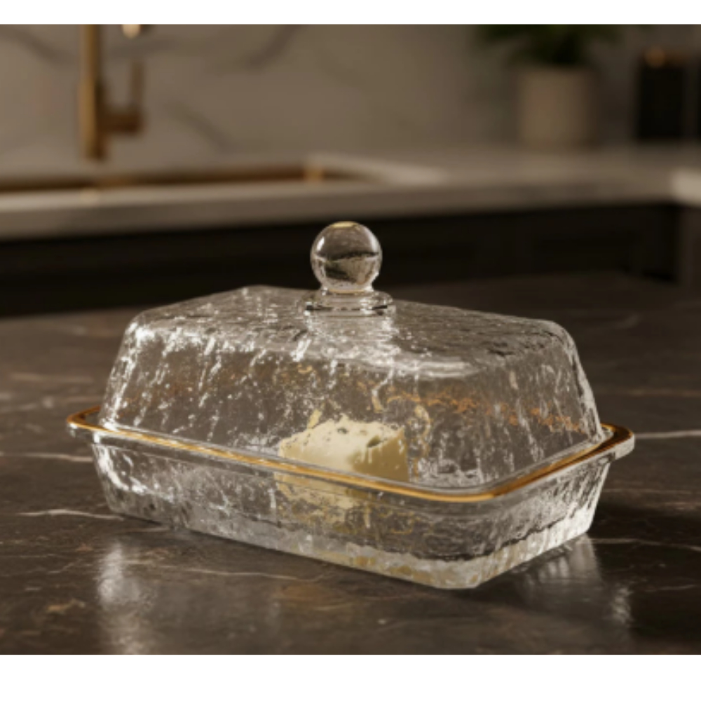 Manteigueira de Cristal Ecológico Martelado com Tampa e Fio de Ouro Petra 17cm x 10,5cm x 10cm Lyor - Imagem 6