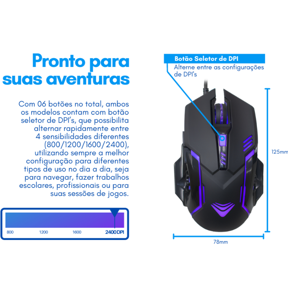 Mouse Gamer Evus Darkmaster MO-08 LED USB 2400 DPI 06 Botões de Alta Precisão Ergonômico Ambidestro - Imagem 3