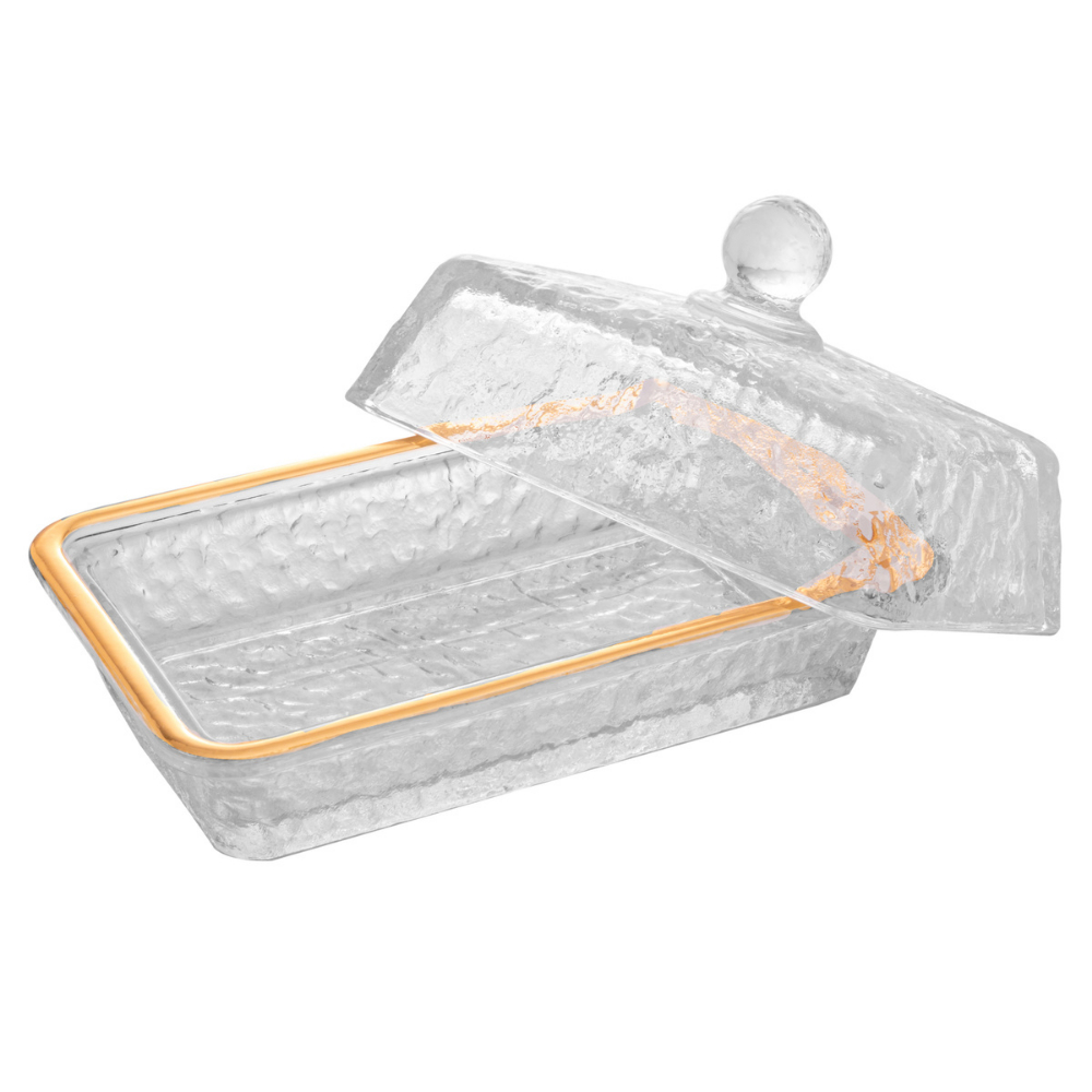 Manteigueira de Cristal Ecológico Martelado com Tampa e Fio de Ouro Petra 17cm x 10,5cm x 10cm Lyor - Imagem 2