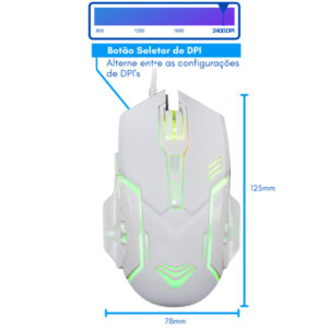 Mouse Gamer Evus MO-09 Branco 2400 DPI USB Ambidestro Profissional Jogos PC Gamer Alta Performance