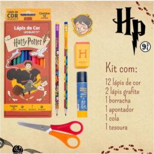 KIT ESCOLAR HARRY POTTER 12 LÁPIS DE COR, 2 LAPIS GRAFITE,1 APONTADOR,1 BORRACHA, 1 COLA, 1 TESOURA