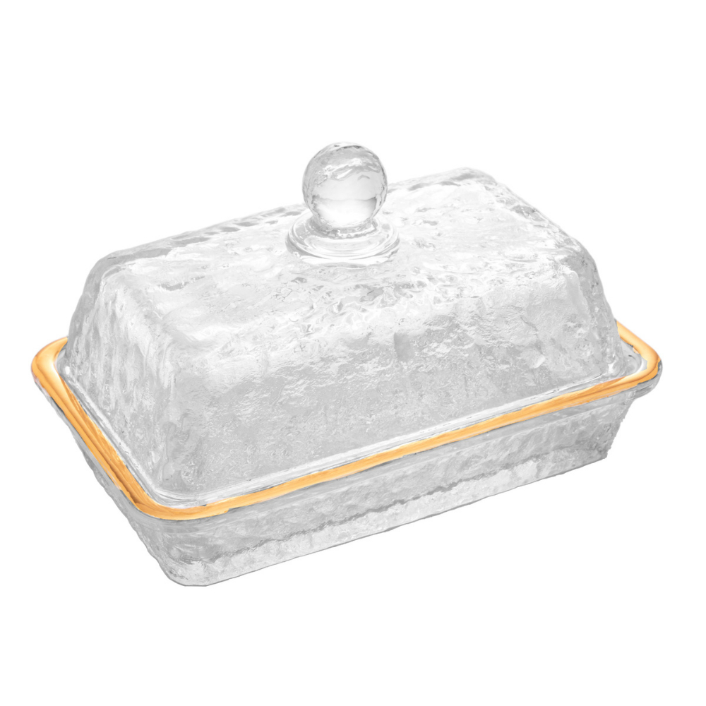 Manteigueira de Cristal Ecológico Martelado com Tampa e Fio de Ouro Petra 17cm x 10,5cm x 10cm Lyor - Imagem 4