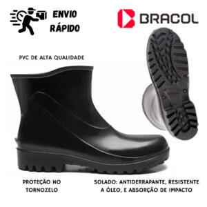 Bota Galocha de PVC Impermeável Antiderrapante Cano Curto Bracol para Motoboy, Pesca, Construção e Limpeza Profissional