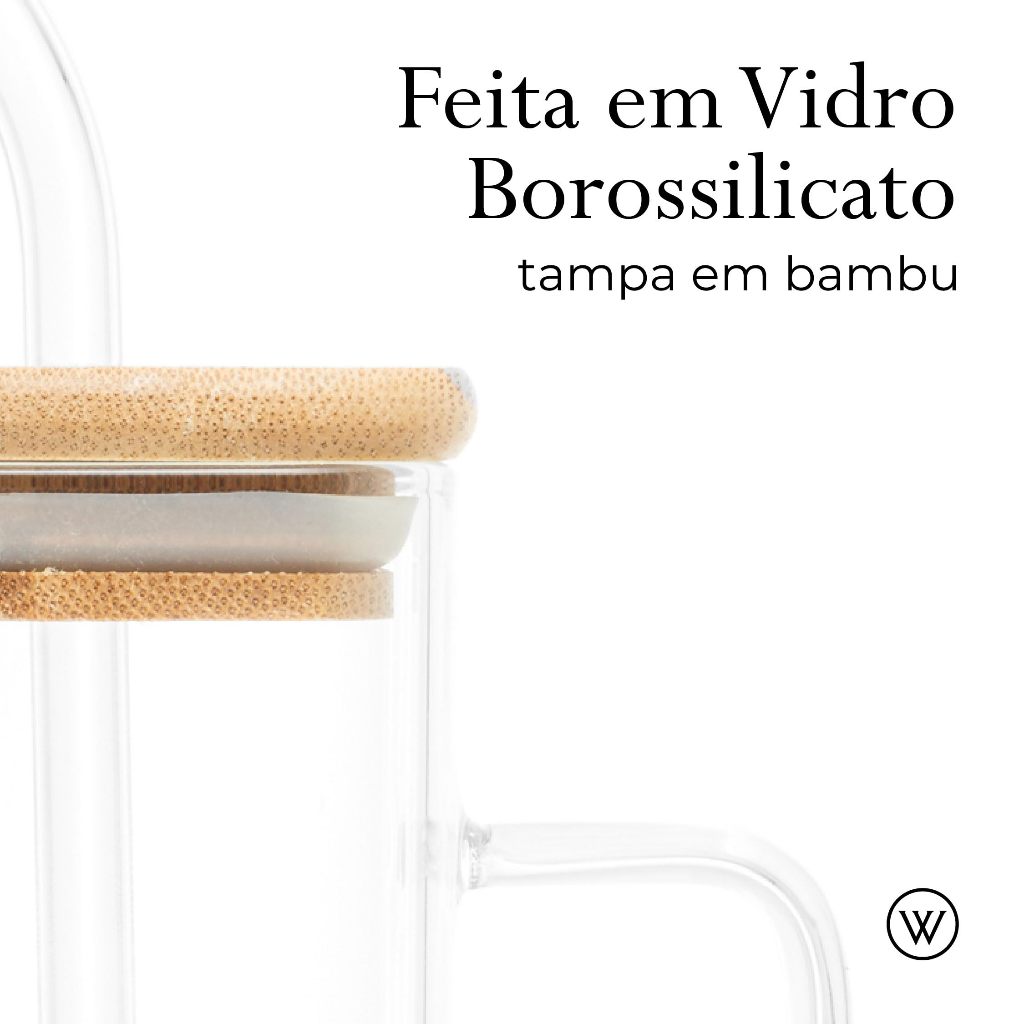 Caneca Corpo e Canudo de Vidro Borossilicato com Tampa de Bambu e Vedação 400ml - Wolff - Imagem 2
