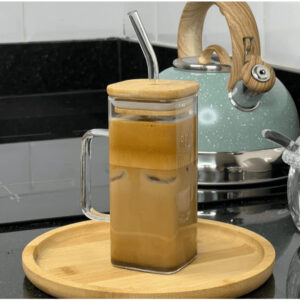 Caneca Corpo e  Canudo de Vidro Borossilicato com  Tampa de Bambu e Vedação 400ml - Wolff