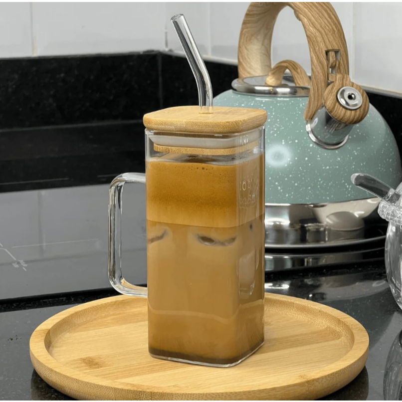 Caneca Corpo e Canudo de Vidro Borossilicato com Tampa de Bambu e Vedação 400ml - Wolff