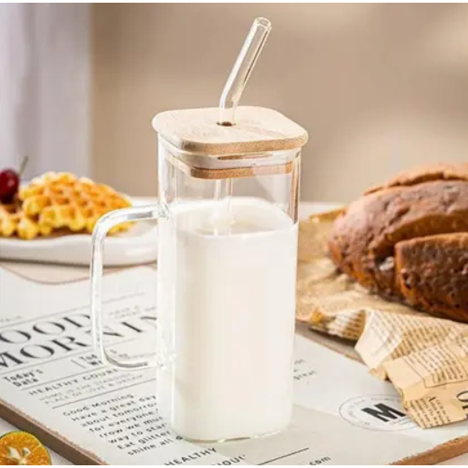 Caneca Corpo e Canudo de Vidro Borossilicato com Tampa de Bambu e Vedação 400ml - Wolff - Imagem 3