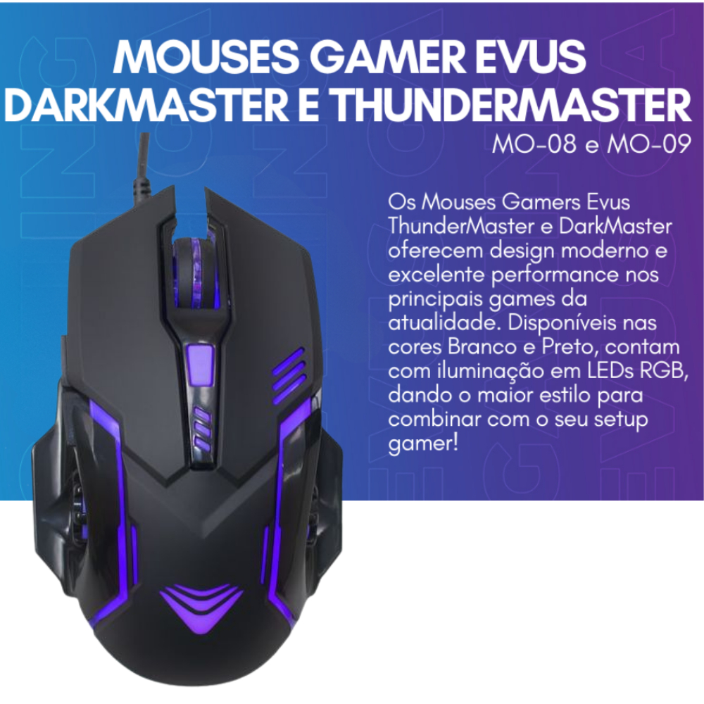 Mouse Gamer Evus Darkmaster MO-08 LED USB 2400 DPI 06 Botões de Alta Precisão Ergonômico Ambidestro - Imagem 2